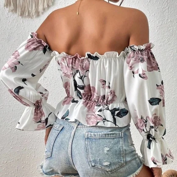 💙 Floral Off-Shoulder Smocked Top - White with Pink Roses - Picture 2 of 2